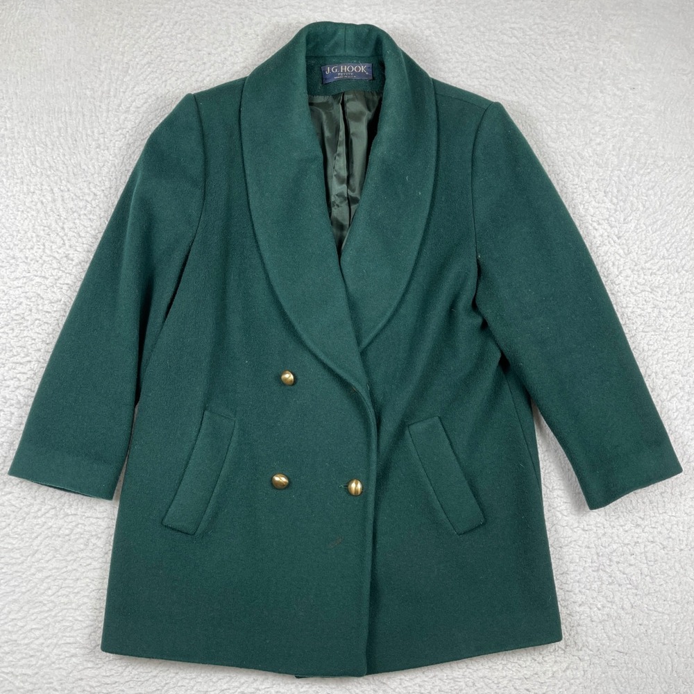 J.G.‎ Hook Pea Coat Womens 12P Green Wool Blend Shawl Collar Vintage Made in USA